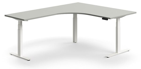 Výškovo nastaviteľný stôl QBUS, rohový, 1600x2000 mm, biely rám, svetlošedá