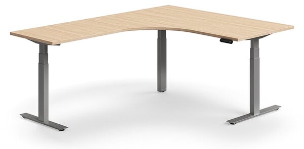 Výškovo nastaviteľný stôl QBUS, rohový, 1600x2000 mm, strieborný rám, dub