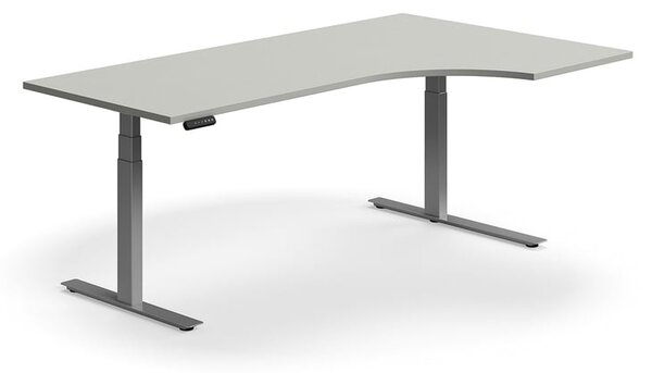 Výškovo nastaviteľný stôl QBUS, rohový, 2000x1200 mm, strieborný rám, svetlošedá