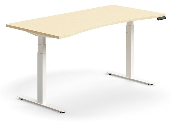 Výškovo nastaviteľný stôl QBUS, s výrezom, 1600x800 mm, biely rám, breza