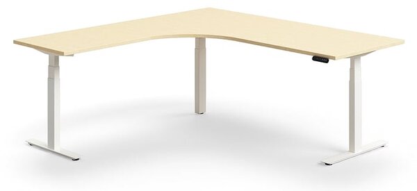 Výškovo nastaviteľný stôl QBUS, rohový, 2000x2000 mm, biely rám, breza