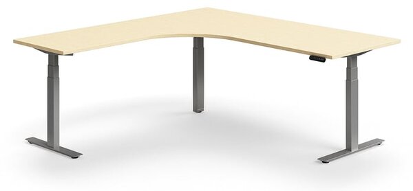 Výškovo nastaviteľný stôl QBUS, rohový, 2000x2000 mm, strieborný rám, breza