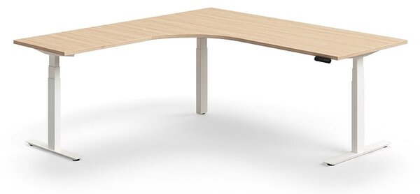 Výškovo nastaviteľný stôl QBUS, rohový, 2000x2000 mm, biely rám, dub
