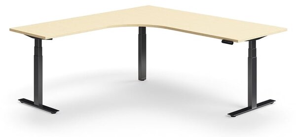 Výškovo nastaviteľný stôl QBUS, rohový, 2000x2000 mm, čierny rám, breza