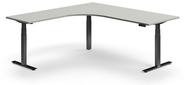 Výškovo nastaviteľný stôl QBUS, rohový, 2000x2000 mm, čierny rám, svetlošedá