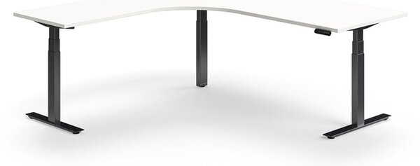 Výškovo nastaviteľný stôl QBUS, rohový, 2000x2000 mm, čierny rám, biela