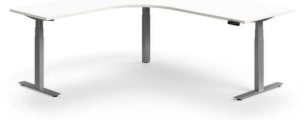 Výškovo nastaviteľný stôl QBUS, rohový, 2000x2000 mm, strieborný rám, biela