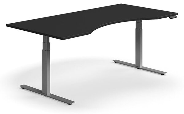 Výškovo nastaviteľný stôl QBUS, ergonomický, 2000x1000 mm, strieborný rám, čierna