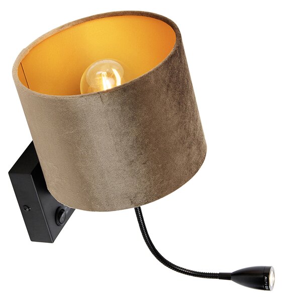 Nástenná lampa čierna s hnedým zamatovým tienidlom 18 cm - Brescia