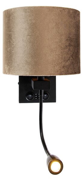 Nástenná lampa čierna s hnedým zamatovým tienidlom 18 cm - Brescia