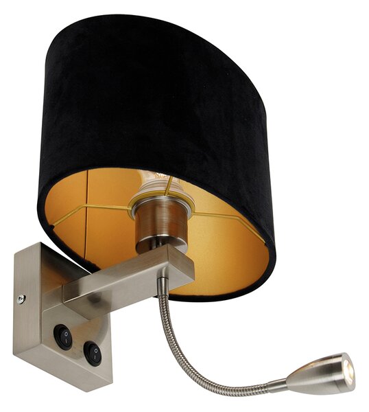 Nástenná lampa oceľ s oválnym zamatovým tienidlom čiernym 25 cm - Brescia Combi