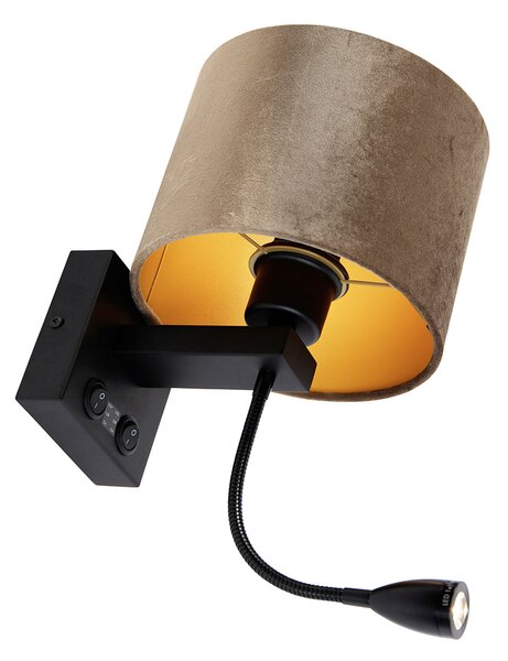 Nástenná lampa čierna s hnedým zamatovým tienidlom 18 cm - Brescia