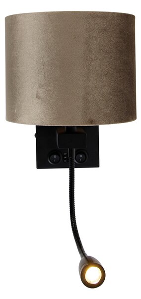 Nástenná lampa čierna s hnedým zamatovým tienidlom 18 cm - Brescia Combi