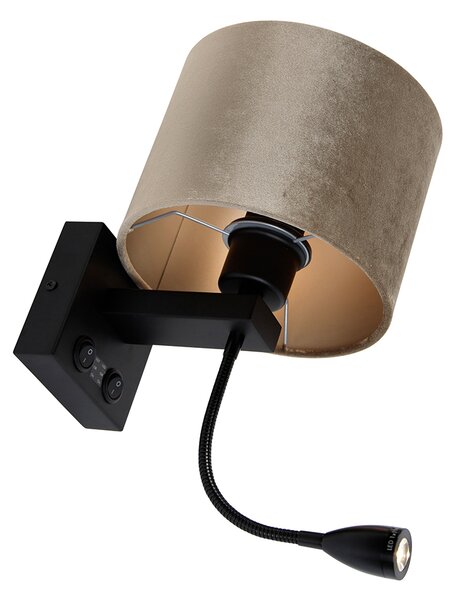Nástenná lampa čierna s hnedým zamatovým tienidlom 18 cm - Brescia Combi
