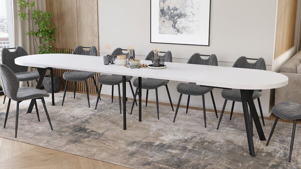 EXPANSO Biely mat / čierne nohy - OVÁLNY ROZKLADACÍ STÔL 160-360 cm PRE 16-18 OSÔB