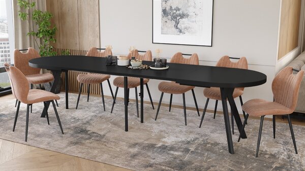 EXPANSO Čierny mat / čierne nohy - OVÁLNY ROZKLADACÍ STÔL 160-360 cm PRE 16-18 OSÔB
