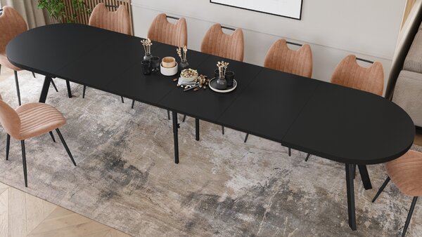 EXPANSO Čierny mat / čierne nohy - OVÁLNY ROZKLADACÍ STÔL 160-360 cm PRE 16-18 OSÔB