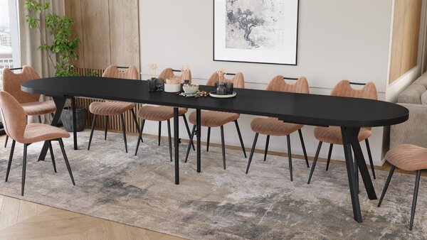 EXPANSO Čierny mat / čierne nohy - OVÁLNY ROZKLADACÍ STÔL 160-360 cm PRE 16-18 OSÔB