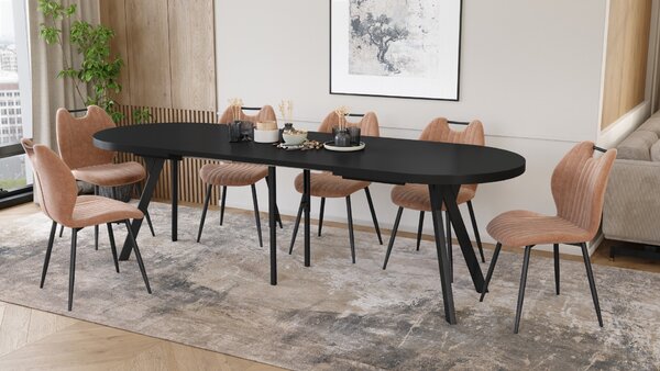 EXPANSO Čierny mat / čierne nohy - OVÁLNY ROZKLADACÍ STÔL 160-360 cm PRE 16-18 OSÔB