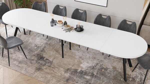 EXPANSO Biely mat / čierne nohy - OVÁLNY ROZKLADACÍ STÔL 160-360 cm PRE 16-18 OSÔB