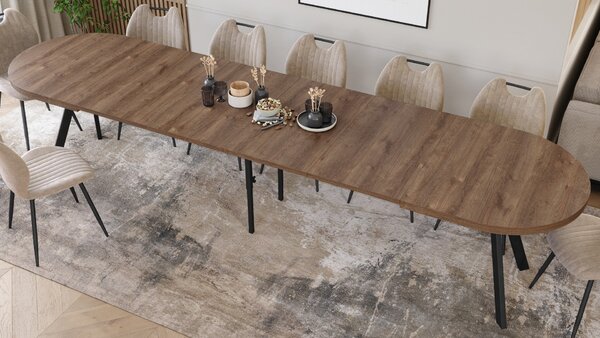EXPANSO Hnedý dub / čierne nohy - OVÁLNY ROZKLADACÍ STÔL 160-360 cm PRE 16-18 OSÔB