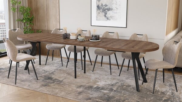 EXPANSO Hnedý dub / čierne nohy - OVÁLNY ROZKLADACÍ STÔL 160-360 cm PRE 16-18 OSÔB
