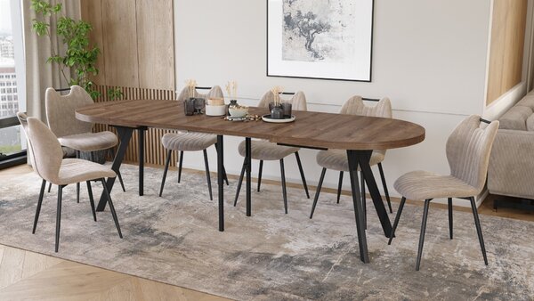 EXPANSO Hnedý dub / čierne nohy - OVÁLNY ROZKLADACÍ STÔL 160-360 cm PRE 16-18 OSÔB