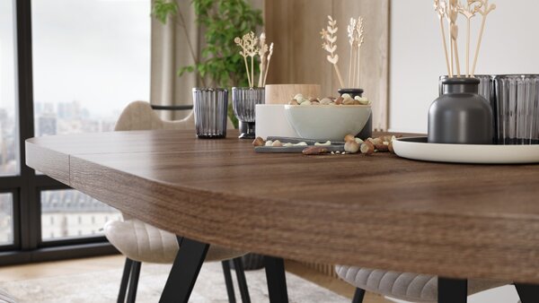 EXPANSO Hnedý dub / čierne nohy - OVÁLNY ROZKLADACÍ STÔL 160-360 cm PRE 16-18 OSÔB