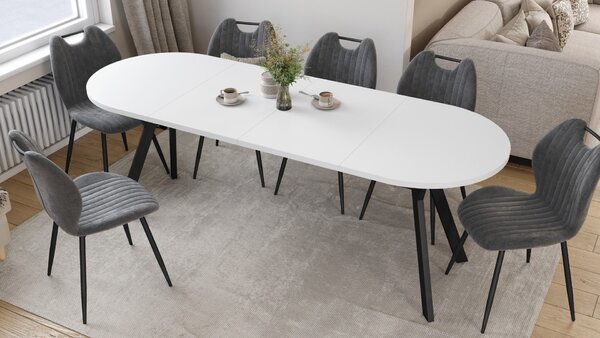 ALMO Biely mat / čierne nohy - OVÁLNY ROZKLADACÍ STÔL 120-220 cm PRE 10-12 OSÔB