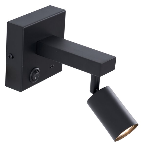Moderné čierne nástenné svietidlo s USB-C, naklápacie - Rex