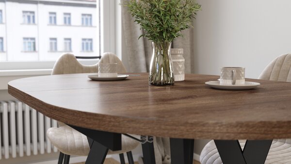 ALMO Hnedý dub / čierne nohy - OVÁLNY ROZKLADACÍ STÔL 120-220 cm PRE 10-12 OSÔB