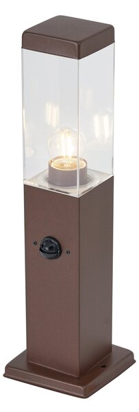 Vonkajšia lampa hrdzavo hnedá s čírym sklom 45 cm IP44 so zásuvkou a snímačom pohybu - Malios