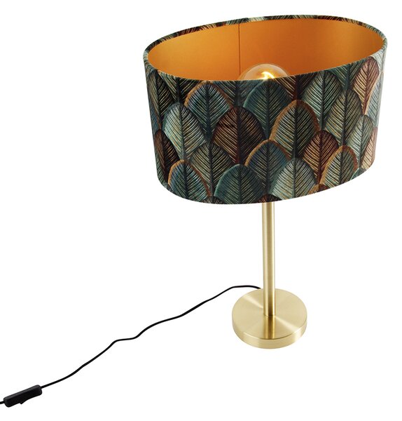 Stolná lampa mosadzná s oválnym zamatovým tienidlom s motívom listov 35 cm - Simplo