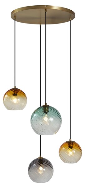 Závesná lampa bronzová s dymovým jantárovým a zeleným sklom okrúhla 4-svetlá - Bao