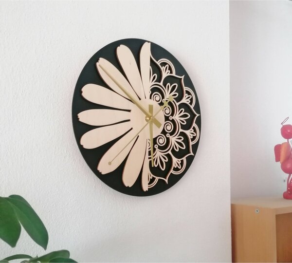 Sentop - Drevené hodiny na stenu kvet života model: MDF čierna/ preglajka topoľ PR0374
