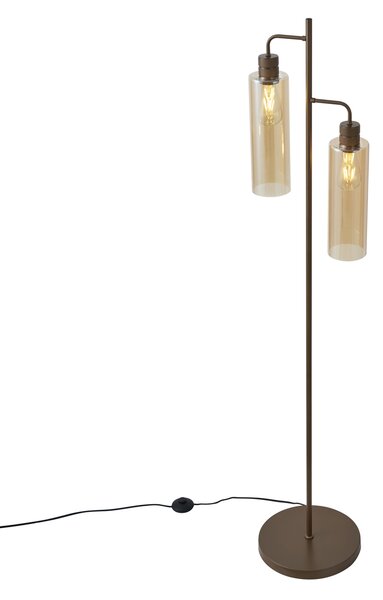 Hotelová elegantná stojaca lampa tmavý bronz s jantárovým sklom 2-svetlá - Stavelot