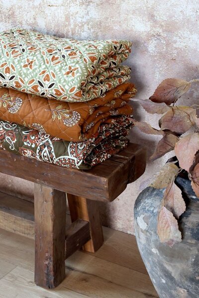 Hnedý prešívaný bavlnený prehoz s Paisley vzorom a strapcami Aix Quilt - 130*180 cm - Chic Antique