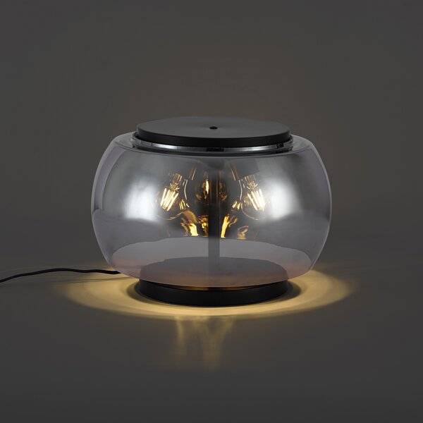 Dizajnová stolná lampa čierna s dymovým sklom 3-svetlá - Bino