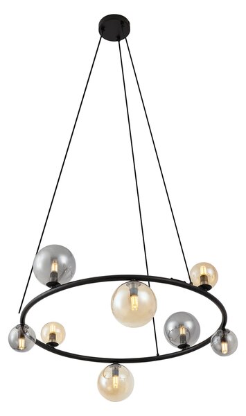 Závesná lampa čierna s dymovým a jantárovým sklom okrúhla 8-svetiel - Monaco