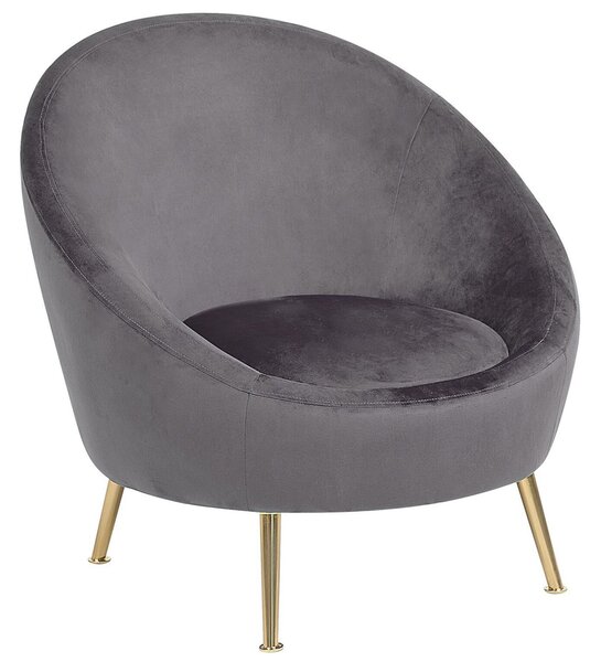 Kreslo sivé zamatové čalúnenie zlaté kovové nohy klubové glamour retro štýl