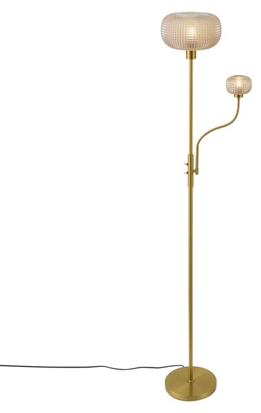 Dizajnová stojaca lampa mosadzná s jantárovým sklom 2-svetelná - Brianna