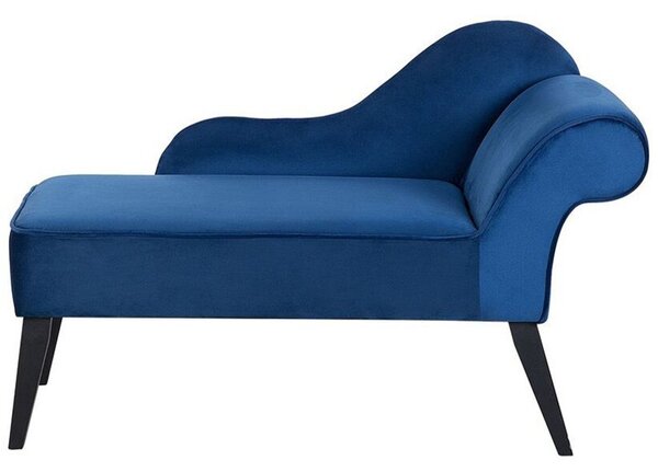 Leňoška modrá zamatová čalúnená tmavé drevené nohy pravostranná retro elegantný dizajn