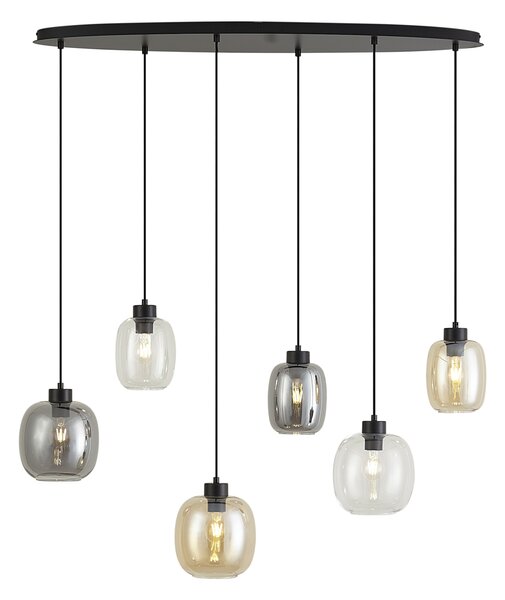 Závesná lampa čierna s jantárovým, dymovým a čírym sklom 6-svetiel - Elena