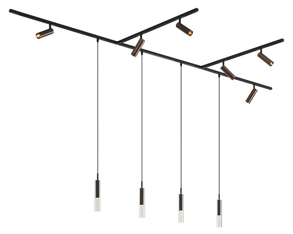Moderný koľajnicový systém čierny so 6 reflektormi a 4 závesnými svietidlami tmavý bronz 1-fázový - Slimline Uzzy Loyce