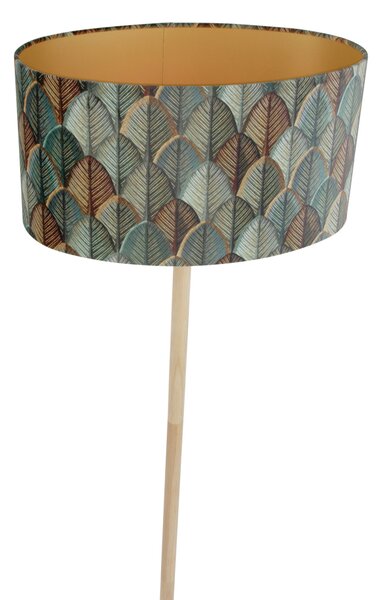 Drevená stojaca lampa s oválnym zamatovým tienidlom s dizajnom listov 50 cm - Mels