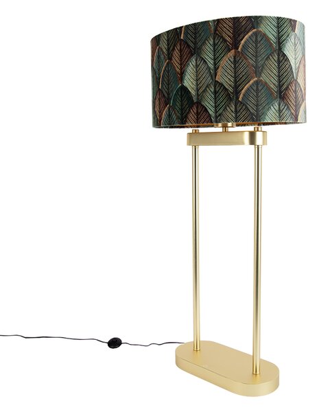 Mosadzná stojaca lampa s oválnym tienidlom s motívom listov a zlatým interiérom 35 cm - Thijmen