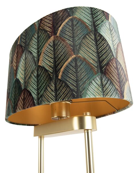 Mosadzná stojaca lampa s oválnym tienidlom s motívom listov a zlatým interiérom 35 cm - Thijmen