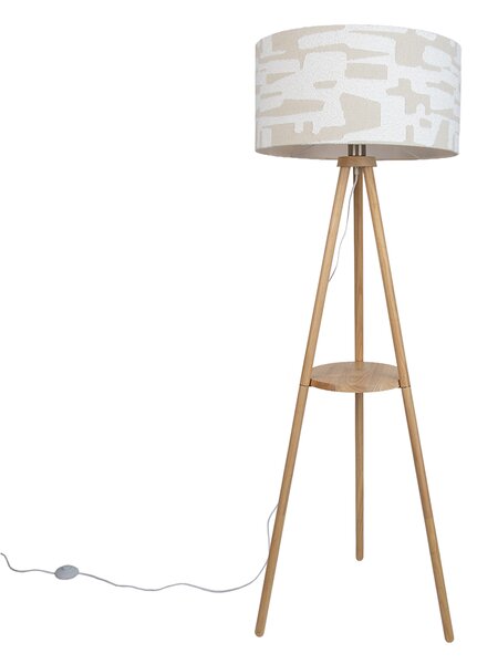 Drevená stojacia lampa s trojnožkou s bielym a béžovým pruhovaným tienidlom 50 cm - Lou