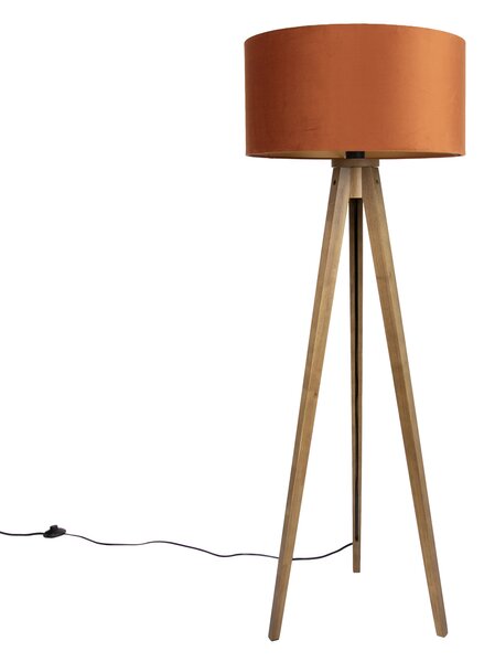 Drevená stojaca lampa s oranžovým tienidlom a zlatým interiérom 50 cm - Tripod Classic