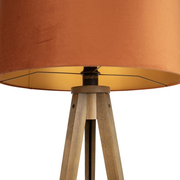 Drevená stojaca lampa s oranžovým tienidlom a zlatým interiérom 50 cm - Tripod Classic